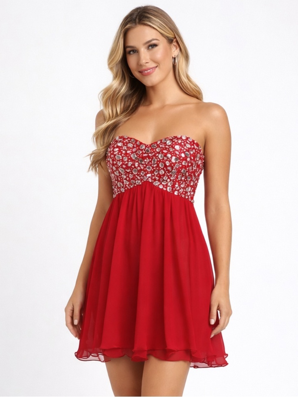 B Smart Red Strapless Babydoll Mini Dress Size 7 NWT Prom Homecoming Sparkle
